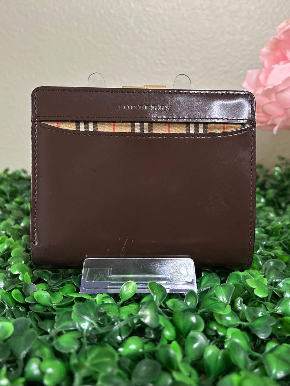 Burberry Vintage Nova Check Kiss Lock Compact Wallet Brown Leather